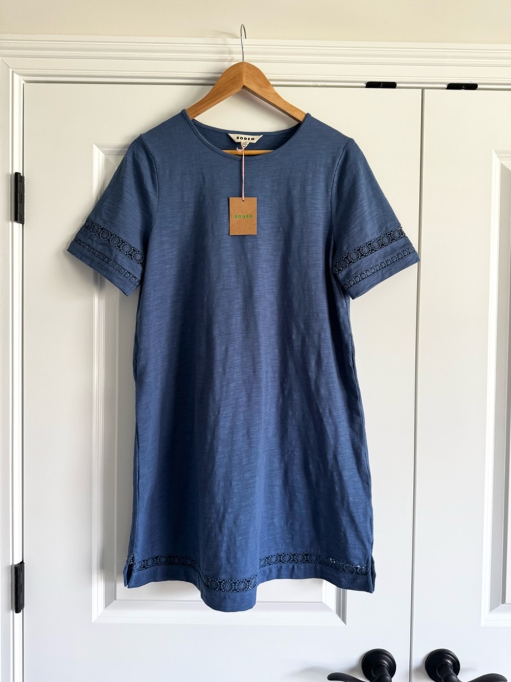 Boden Hattie Blue Cotton Shift Dress Lace Trim NWT US 8 Petite